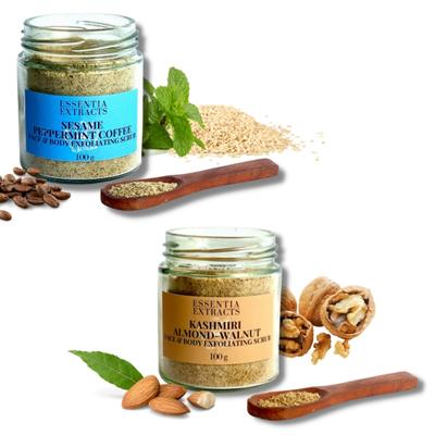 Essentia Extracts Face & Body Exfoliating Scrub Combo (Sesame Peppermint Coffee 100 gm + Kashmiri Almond Walnut 100 gm) 1's - Scrubs & Exfoliants