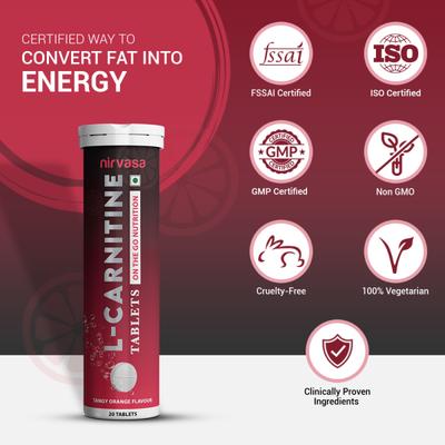 Nirvasa L Carnitine Effervescent Tablet - Tangy Orange Flavour (Pack of 6 x 60's) 1's - General Health