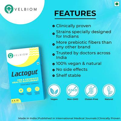 Velbiom Lactogut Pre & Probiotic Veg Capsule (3 x 10's) - Digestive Health