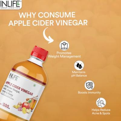 INLIFE Apple Cider Vinegar with Garlic Ginger Lemon Honey & Mother of Vinegar 500 ml - Apple Cider Vinegar - Acv