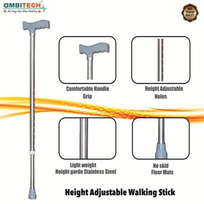 AmbiTech Premium Aluminium Height Adjustable Single Walking Stick 1's - Wheelchairs & Walking Sticks