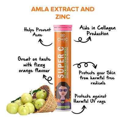 Chicnutrix Super C- Amla Extract and Zinc Effervescent Tablet - Orange Flavour (Pack of 3 x 60's) - Vitamin C