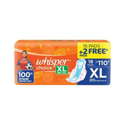 Whisper Choice Sanitary Pads With Wings For Women, Xl, 18 Napkins 1's - Others