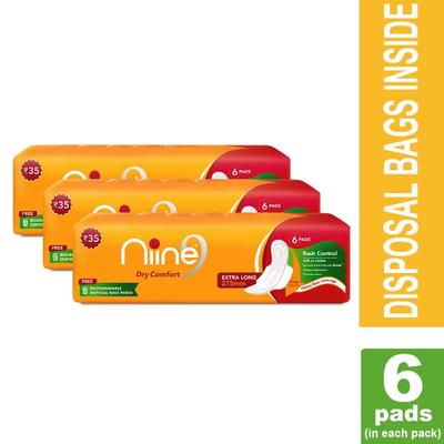 Niine Dry Comfort Sanitary Pads with Biodegradable Disposable Bags - Extra Long (Pack of 3 x 6's) - Sanitary Napkins