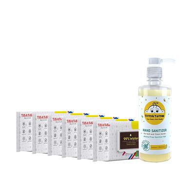 Tiffy & Toffee 99% Water Baby Wet Wipes (Pack of 6 x 80's) + Non-Alcoholic Hand Sanitizer - Lemon 500 ml - Diapers & Wipes