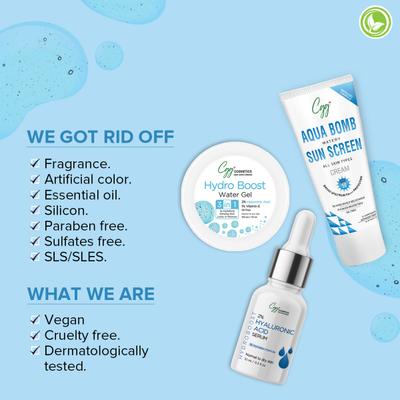 CGG Cosmetics Hydro Boost Cosmetics 2% Hyaluronic Acid Serum 10 ml + CGG Cosmetics Hydro Boost Water Gel 100 gm + CGG Cosmetics Aqua Bomb Watery Sunscreen Cream SPF 50 50 gm 160 gm - Body Sunscreen