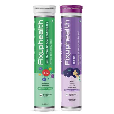 FixUpHealth Multivitamins and Multiminerals Effervescent Tablet - Orange Flavour 20s & FixUpHealth Biotin Effervescent Tablet - Orange Flavour 20s 1's - Multi-Vitamins