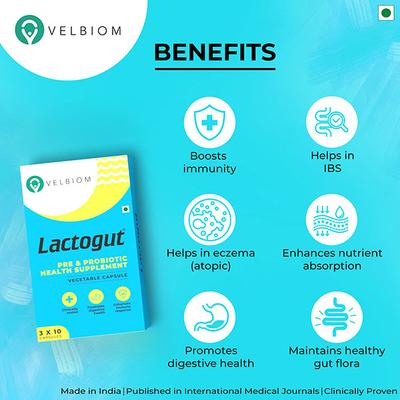 Velbiom Lactogut Pre & Probiotic Veg Capsule (3 x 10's) - Digestive Health