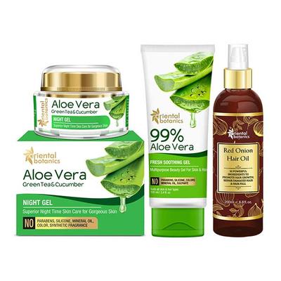 Oriental Botanics Skin & Hair Care Combo Aloe Vera Night Gel + Onion Oil+ 99% Aloe Vera Gel 350 ml - Face Wash & Cleansers