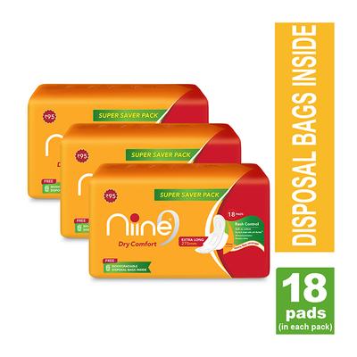 Niine Sanitary Pads Extra Long (Pack of 3 x 18's) - Sanitary Napkins