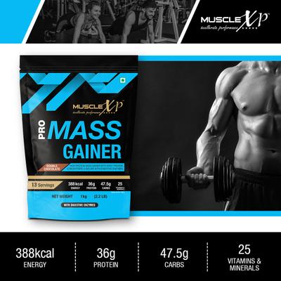 MuscleXP Pro Mass Gainer - Double Chocolate 1 kg + Shaker 1's - Weight Gain