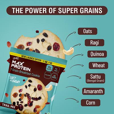 RiteBite Max Protein 7 Grain Breakfast Cookie - Trail Mix (Pack of 12 x 55 gm) - Nutritional Bars