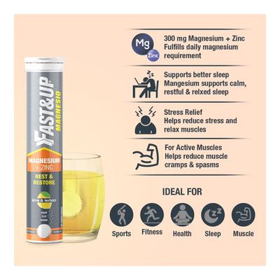 Fast&Up Magnesio Magnesium & Zinc Effervescent Tablets - Lime & Lemon Flavour (Pack of 3 x 20's) - Calcium And Minerals