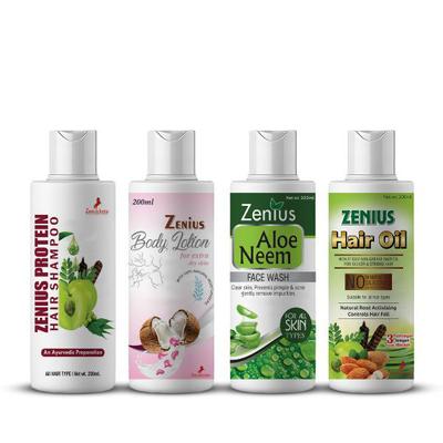 Zenius Protein Hair Shampoo 200 ml + Body Lotion for Extra Dry Skin 200 ml + Aloe Neem Face Wash 200 ml + Hair Oil 200 ml 1's - Personal Care (Ayush)
