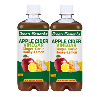 Green Elements Apple Cider with Mother Vinegar - Ginger-Garlic-Honey-Lemon (Pack of 2 x 500 ml) - Apple Cider Vinegars
