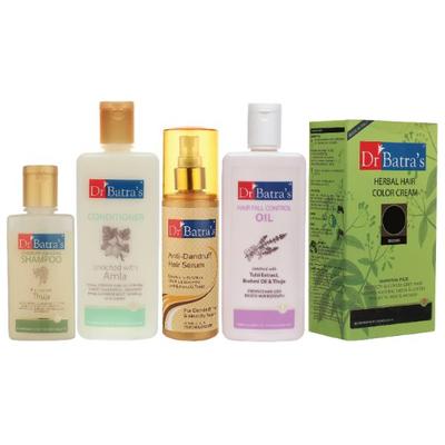 Dr Batra's Dandruff Cleansing Shampoo 100 ml + Anti-Dandruff Hair Serum 125 ml + Conditioner 200 ml + Hair Oil 200 ml + Herbal Hair Color Cream - Black - Hair Treatment