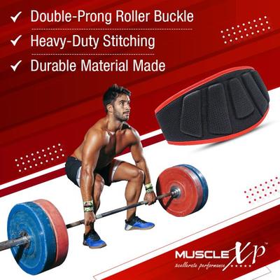 MuscleXP Gym Nylon Padded Weight Lifting Belt - Black (L) 1's - Gym Accessories