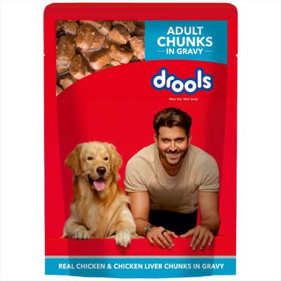 Drools Adult Wet Dog Food, Real Chicken and Chicken Liver Chunks in Gravy, 24 Pouches (24 x 150g) 3600 gm - Petfood