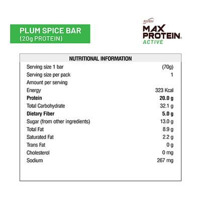 RiteBite Max Protein Active Plum Spice Bar (Pack of 12 x 70 gm) - Nutritional Bars