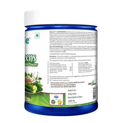 Onelife Organic Super greens Instant Powder - Orange Flavour 200 gm - Herbal Dietary Supplement