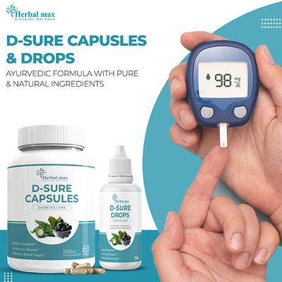 Herbal Max D-Sure Kit Diabetic Care Kit (D Sure Capsule 60's + D Sure Drops (Pack of 4 x 50 ml)) - Diabetes (Fitness)