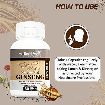 Health Veda Plant Based Korean Red Ginseng 800 mg Veg Capsule 60's - Herbal Dietary Supplement