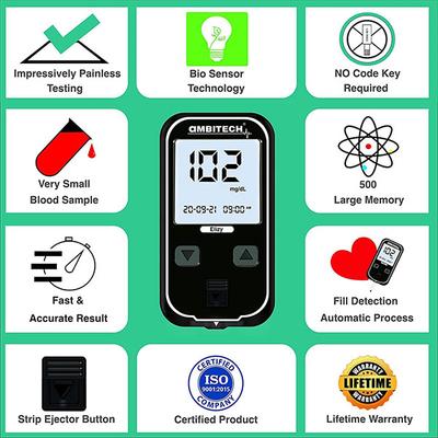 Ambitech Elizy Blood Glucose Measuring Kit (Test Strips 100's + Lancets 100's + Glucometer 1's) -Black - Blood Glucose Monitors/Test Strips
