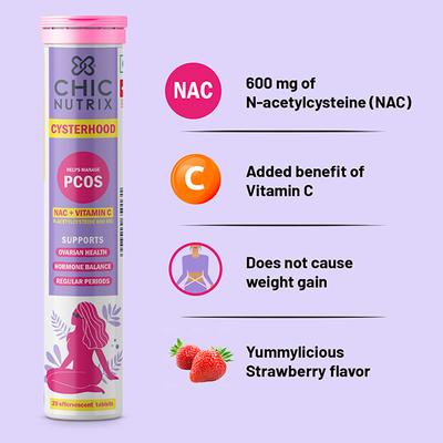 Chicnutrix Cysterhood - Helps Manage PCOS Effervescent Tablet - Strawberry Flavour (Pack of 3 x 20's) - General Health