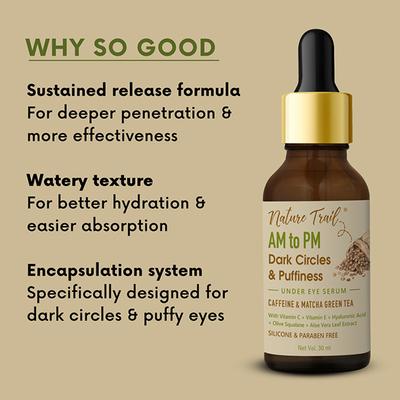 Nature Trail AM to PM Under Eye Serum with Caffeine, Matcha Green Tea, Vit C, Hyaluronic Acid 30 ml - Under Eye Creams & Serums