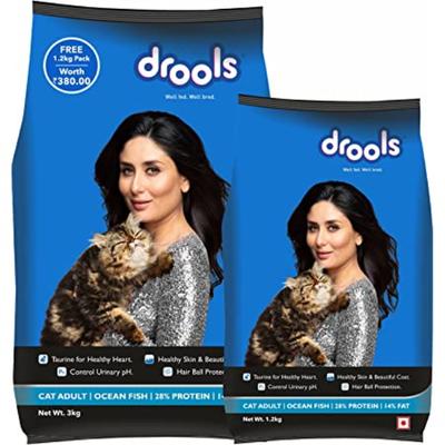 Drools Adult(+1 Year) Dry Cat Food, Ocean Fish, 3 kg with Free 1.2 kg 4200 gm - Petfood
