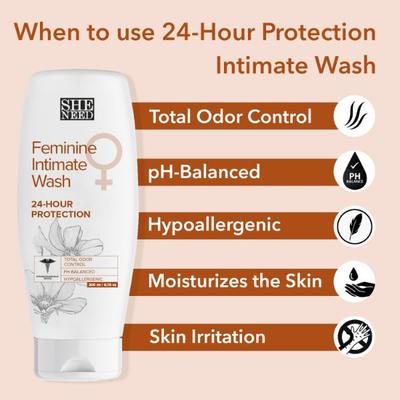 SheNeed 24 Hours Protection Feminine Intimate Wash 100% Natural With Vit E, Aloe Vera And Tea Tree Oil 200 ml - Intimate Care
