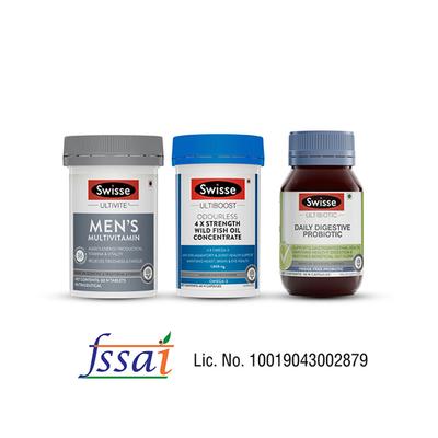 Swisse Men's Health (Multivitamin Tablet 60's, Wild Fish Oil Capsule 60's, Daily Digestive Probiotic Capsule 30's) Combo Pack - Multi-Vitamins