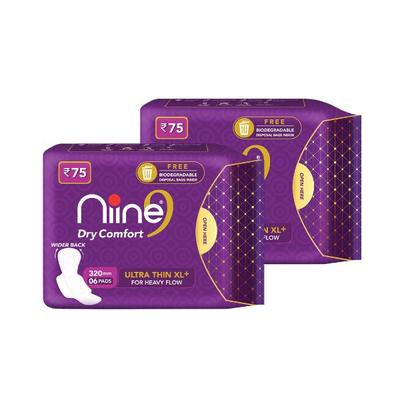 Niine Dry Comfort Sanitary Napkin with Biodegradable Disposable Bags - Ultra Thin XL+ (Pack of 2 x 6's) 1's - Sanitary Napkins