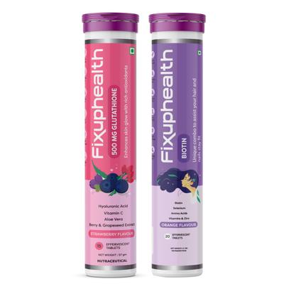 FixUpHealth Glutathione Effervescent Tablet - Strawberry Flavour 15s & FixUpHealth Biotin Effervescent Tablet - Orange Flavour 20s 1's - General Health