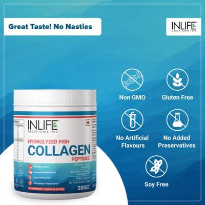 Inlife Hydrolyzed Fish Collagen Powder - Strawberry Lemon 200 g - Hair & Skin