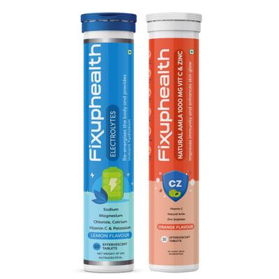 FixUpHealth Electrolytes Effervescent Tablet - Lemon Flavour & FixUpHealth Natural Amla Effervescent Tablet - Orange Flavour 20s 1's - General Health