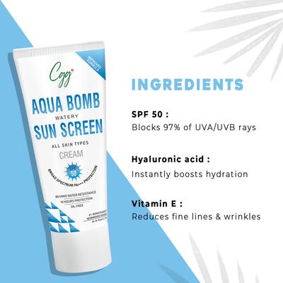 CGG Cosmetics Aqua Bomb Watery Sunscreen Cream SPF 50 Broad Spectrum PA+++ Protection 50 gm - Bb & Cc Creams
