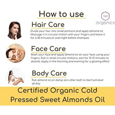 T&H Organics Sweet Almond Oil Cold Pressed Oil 200 ml - Creams, Lotions & Oils