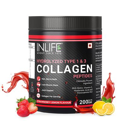 INLIFE Hydrolyzed Type 1 & 3 Collagen Peptides Powder - Strawberry Lemon Flavour 200 gm - Hair & Skin