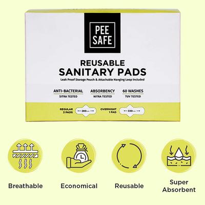Pee Safe Reusable Sanitary Pads (Regular Pad 3's + Overnight Pad 1's + Leak Proof Pouch 1's) - Sanitary Napkins