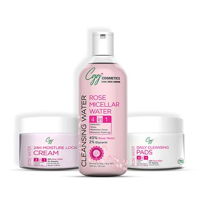 CGG Cosmetics Rose Water Kit (24H Moisture Lock Cream 150 gm + Cleansing Micellar Water 300 ml + Daily Cleansing Face Pads 50's) - Face Wash & Cleansers