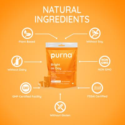 Purna Gummies Vitamin C Orange and Zinc for Adults and Kids, Immunity Boost, Skincare 30's - Vitamin C