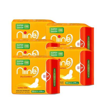 Niine Dry Comfort Ultra Thin Sanitary Napkin - XL (Pack of 5 x 15's) - Sanitary Napkins