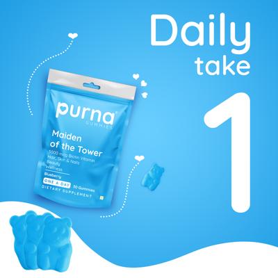 Purna Gummies Biotin Blueberry Flavour Gummy for Hair, Nails and Skin, 1 daily 30's - Hair & Skin