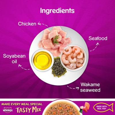 Whiskas Tasty Mix Seafood Wakame Seaweed in Gravy (Pack of 70gm x 12) 840 gm - Petfood