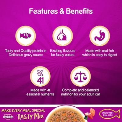 Whiskas Tasty Mix Seafood Wakame Seaweed in Gravy (Pack of 70gm x 12) 840 gm - Petfood