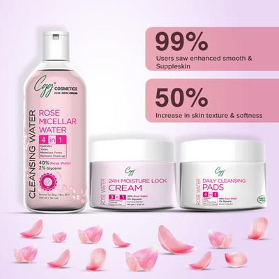 CGG Cosmetics Rose Water Kit (24H Moisture Lock Cream 150 gm + Cleansing Micellar Water 300 ml + Daily Cleansing Face Pads 50's) - Face Wash & Cleansers
