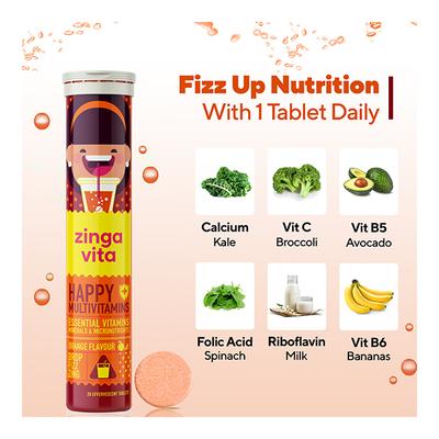 Zingavita Happy Multivitamin Effervescent Tablet - Orange Flavour 20's - Multi-Vitamins