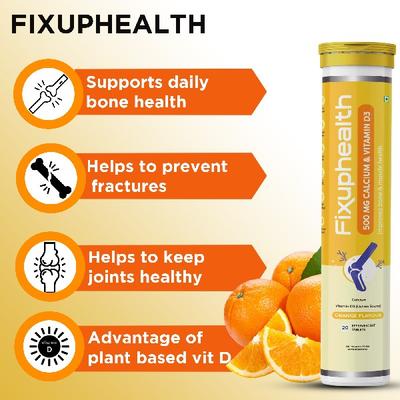 FixUpHealth Calcium and Vitamin D3 Effervescent Tablet - Orange Flavour (Pack of 2 x 20s) 1's - Calcium And Minerals