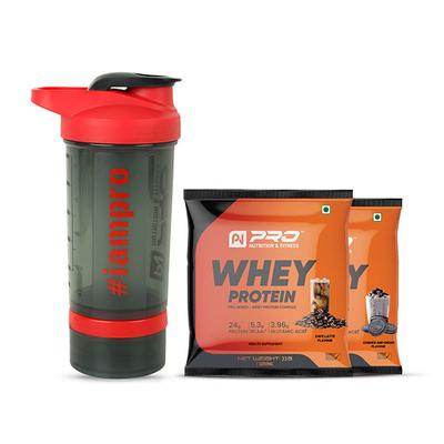 Pro Nutrition & Fitness Shaker Bottle 500 ml + Whey Protein Powder - Caffe Latte and Cookies & Cream Flavour 66 gm Combo Pack - Whey Proteins